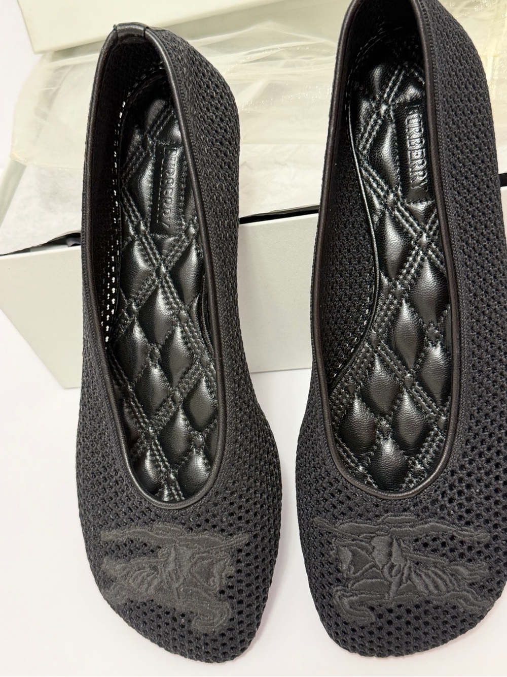 Burberry Black Mesh Ballet Flats EKD Leather Trim Ballerina Square Toe Size 36.5 - Picture 2 of 6